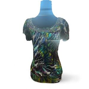 Y2K Abstract Print Beaded Neckline Tunic Top Colorful Indie Festival Vibes fairy